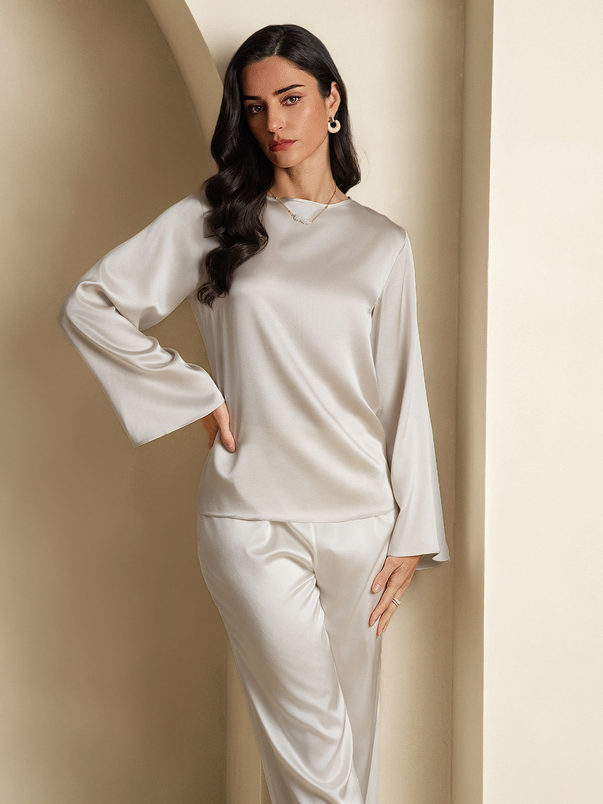 [Gris Clair] SilkSilky-FR 19Momme Soie Col Rond Femme T-Shirt 004