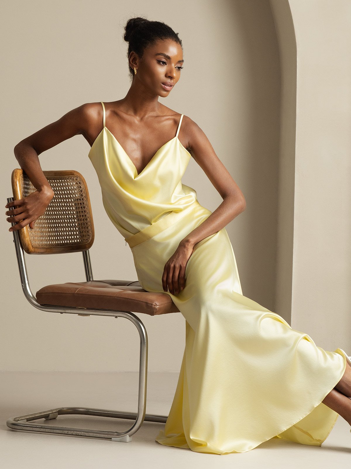 [Jaune Clair] SilkSilky-FR 19Momme Soie Col Chemise Women''s Outfit Sets 007,