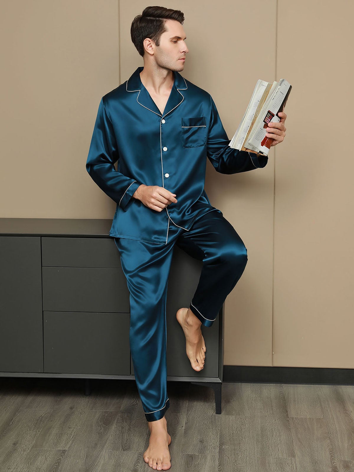 [Bleu Royal] SilkSilky-FR 19Momme Pure Soie Mens Pajamas 003