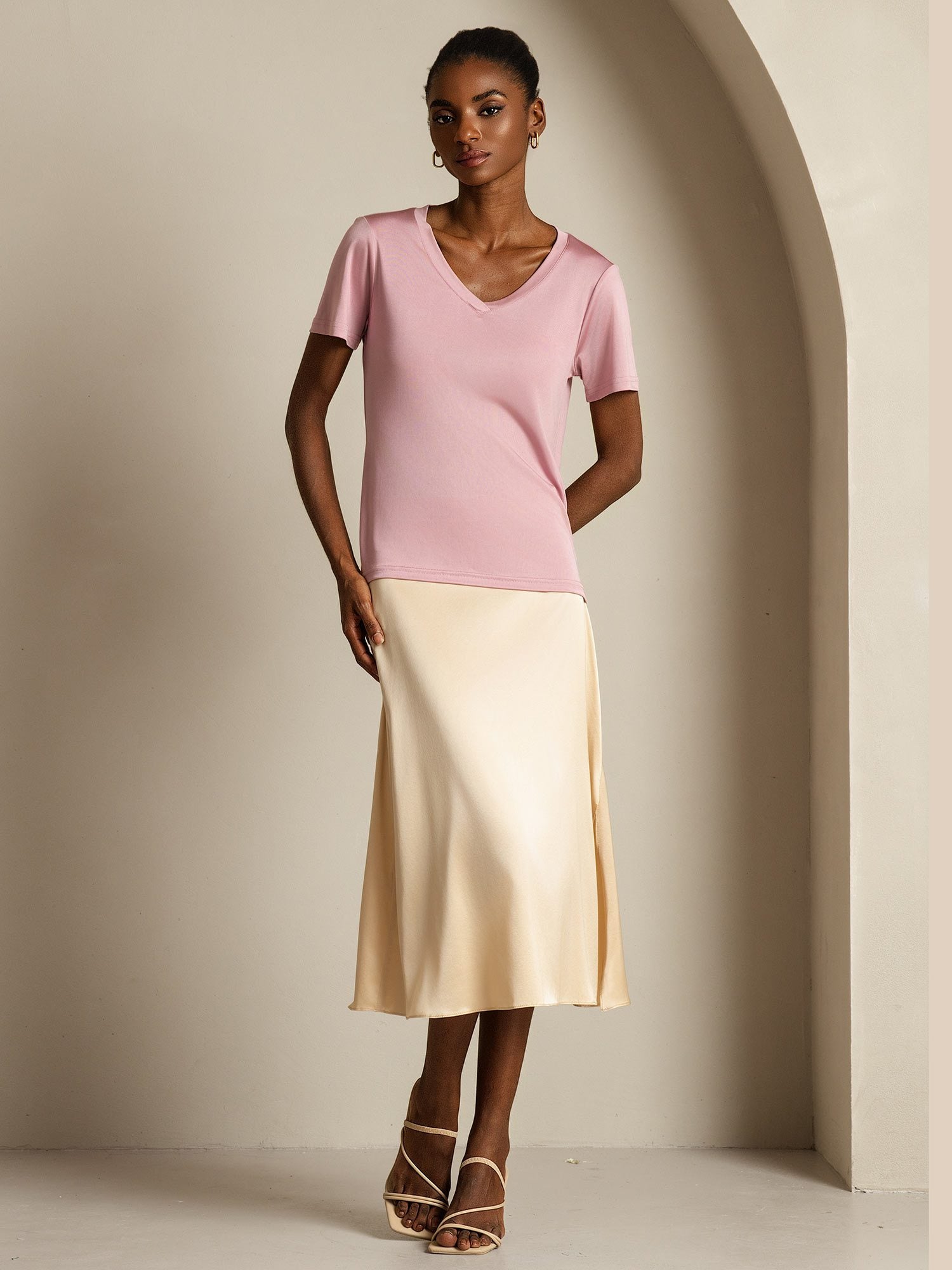 [MauvePâle] SilkSilky-FR Soie Womens T-Shirt 009