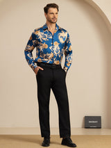 [Dragon Navy] SilkSilky-FR Long Sleeve Lapel Collar Homme Chemise 008