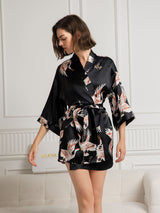 [Noir] SilkSilky-FR 3/4 Sleeve Femme Peignoir 001