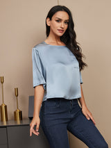 [Bleu Grisâtre] SilkSilky-FR Manches mi-longues Encolure Dégagée Femme T-Shirt 003