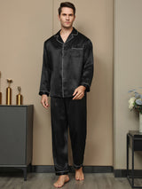 [Noir] SilkSilky-FR Manches longues Col Cranté Homme Pyjamas 006