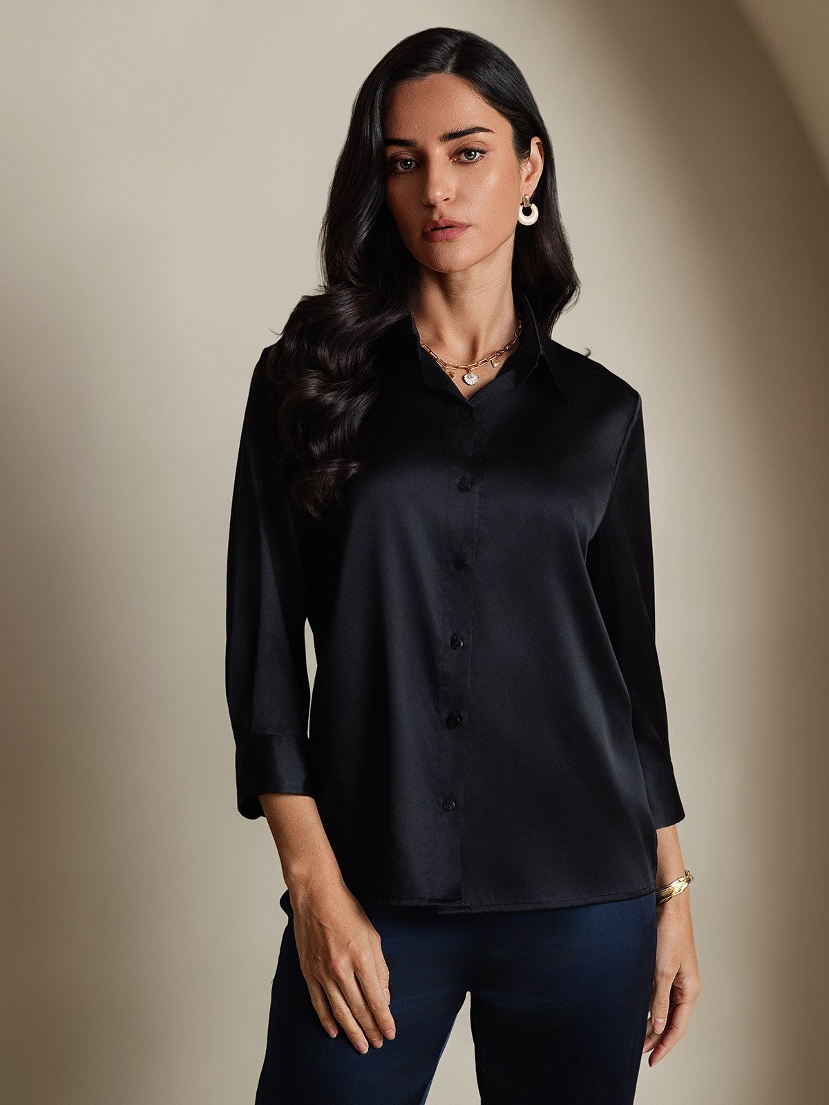 SilkSilky-FR 19Momme Soie Manches longues Revers Femme Chemise Noir 001