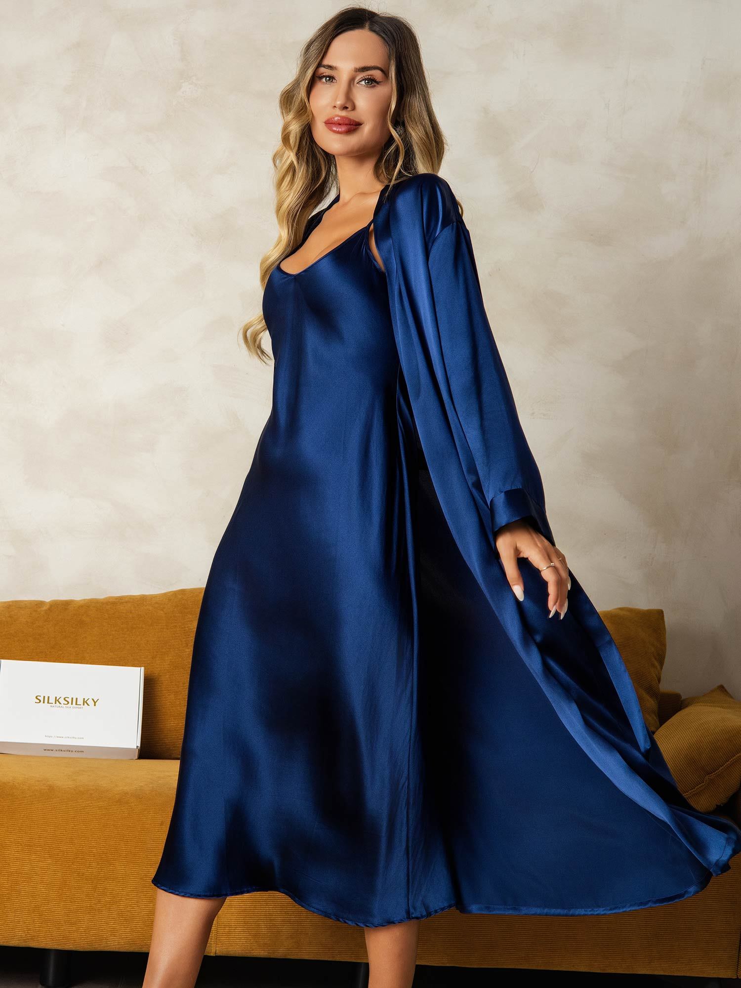 [BleuFoncé] SilkSilky-FR Soie Nightgown&Robe Set 004