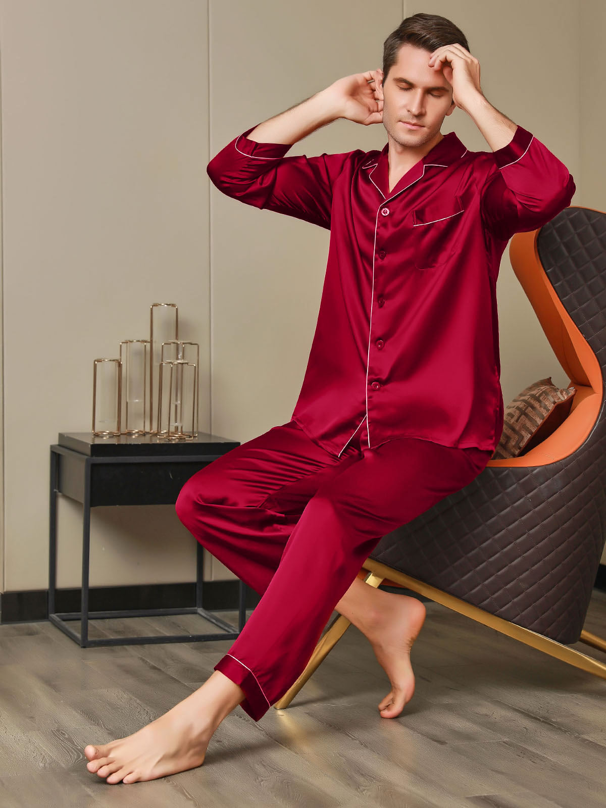 SilkSilky FR 19Momme Pure Soie Manches longues Revers Homme Pyjamas Rouge 005