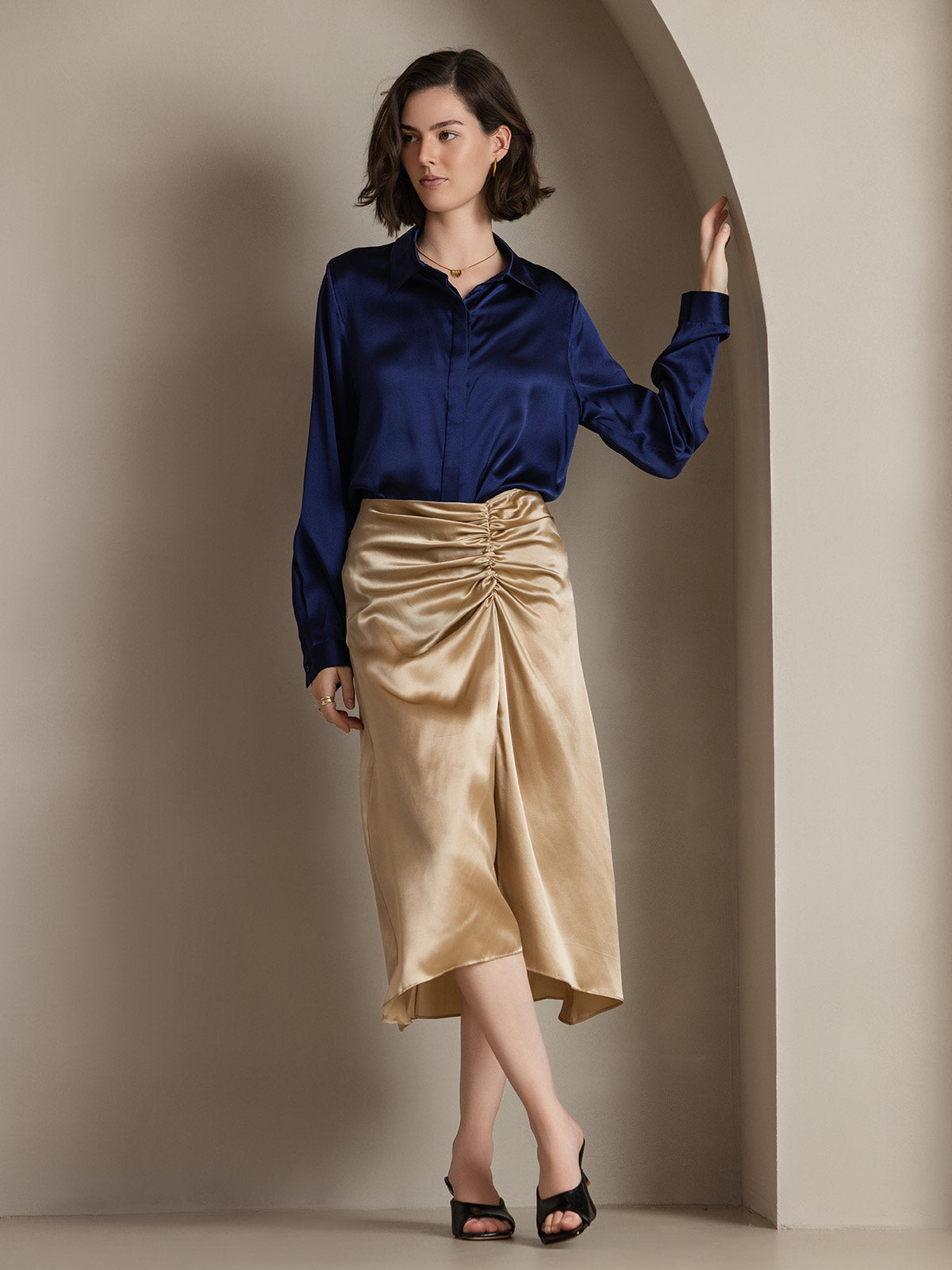 [Bleu Foncé] SilkSilky-FR 19Momme Soie Lapel Collar Femme Chemise 001