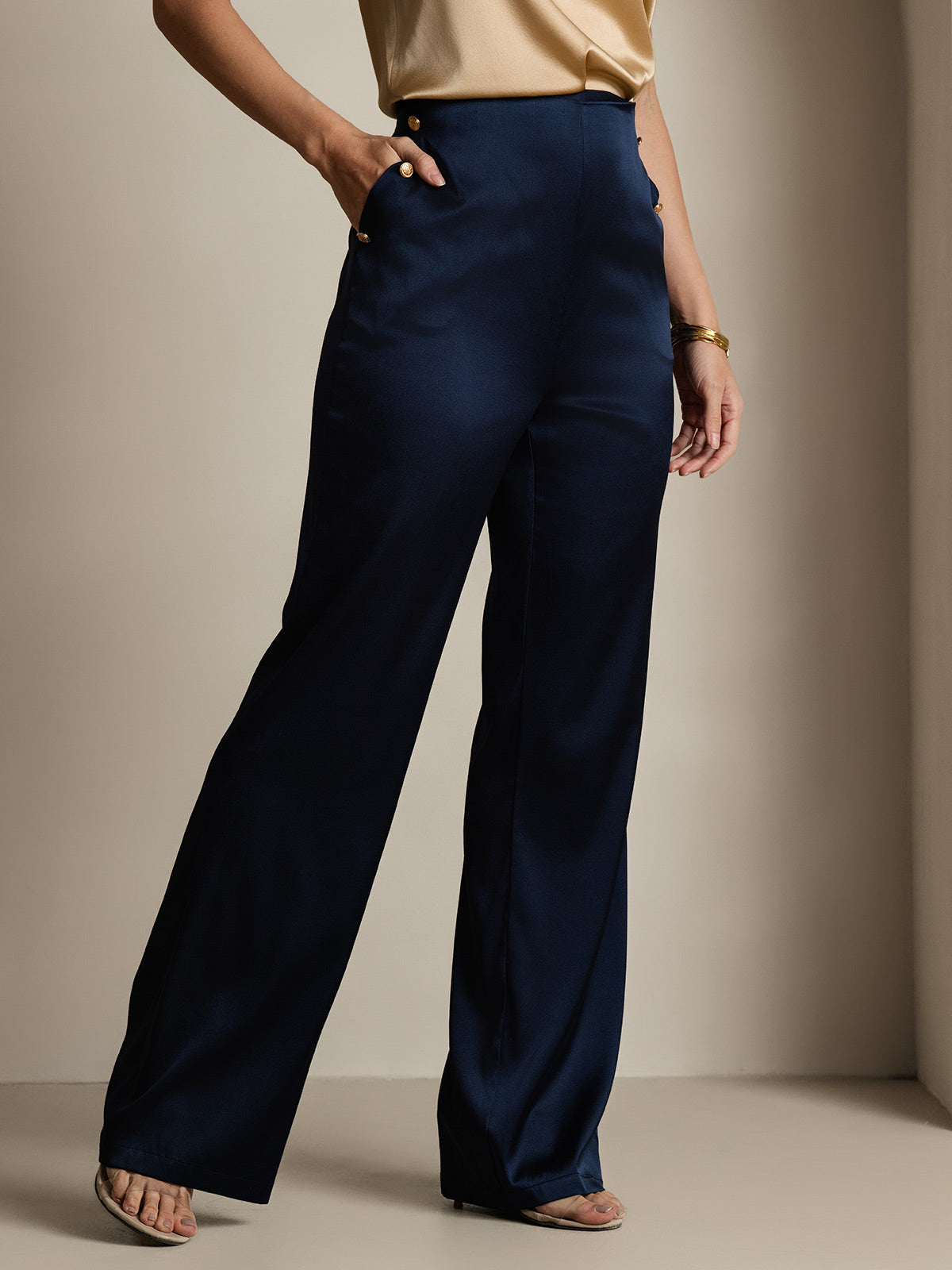 [Bleu Foncé] SilkSilky-FR 19Momme Femme Pantalons 004