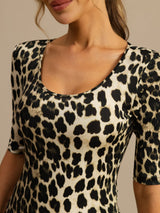 [Leopard] SilkSilky-FR Manches mi-longues Encolure Dégagée Femme T-Shirt 006