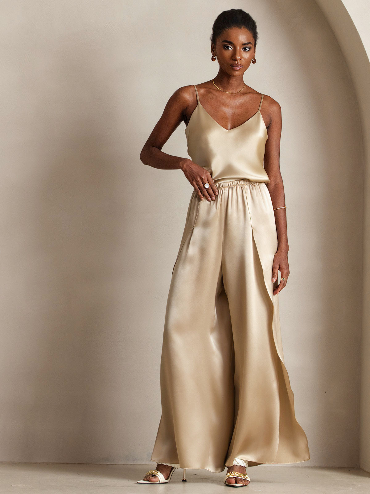 [Champagne] SilkSilky-FR Pure Soie Col en V Top À Fines Brides 006
