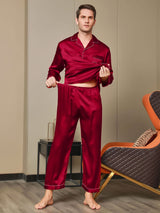 [Rouge] SilkSilky-FR Manches longues Col Cranté Homme Pyjamas 007