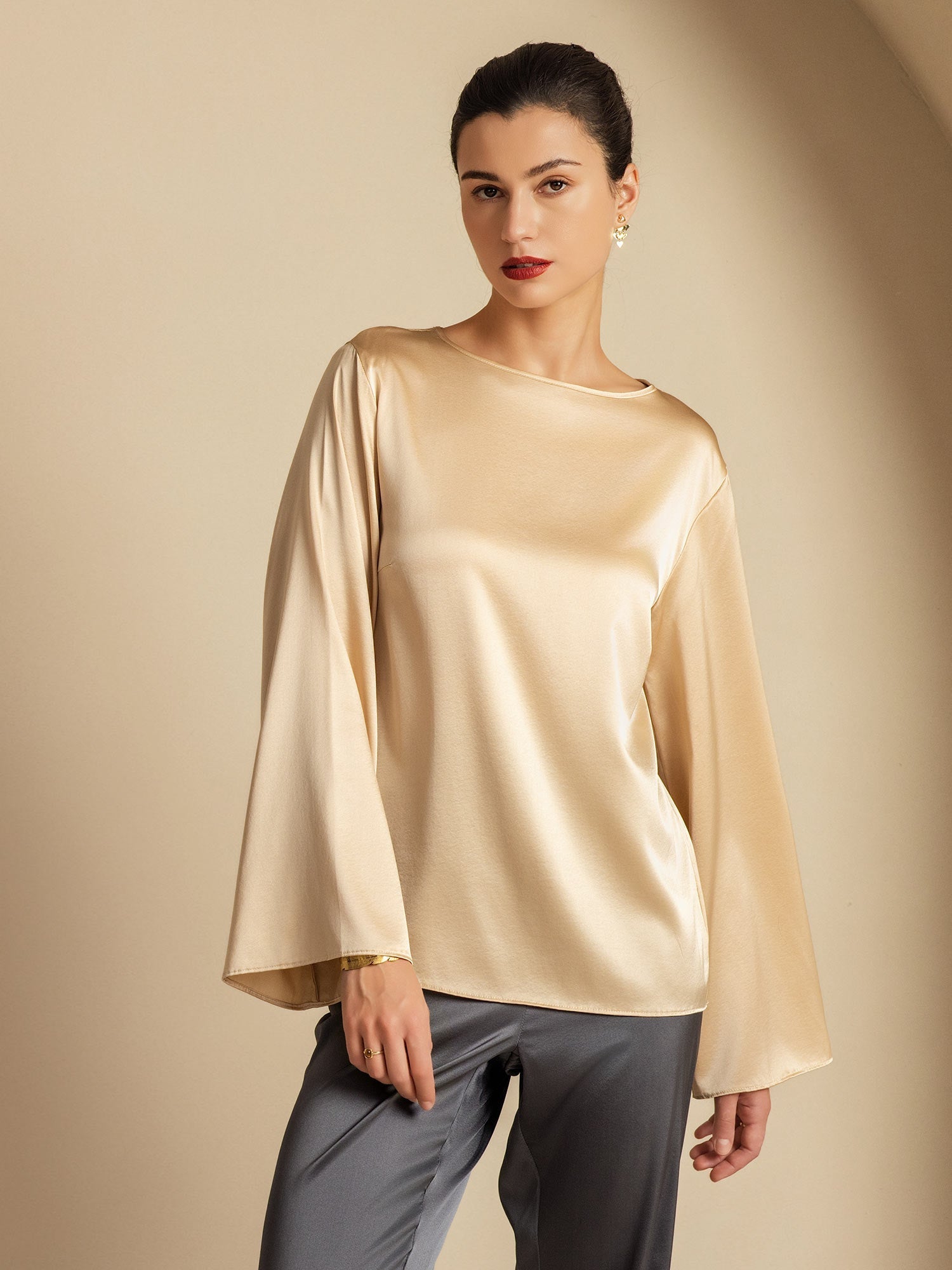 [Champagne] SilkSilky-FR 19Momme Soie Col Rond Femme T-Shirt 006,