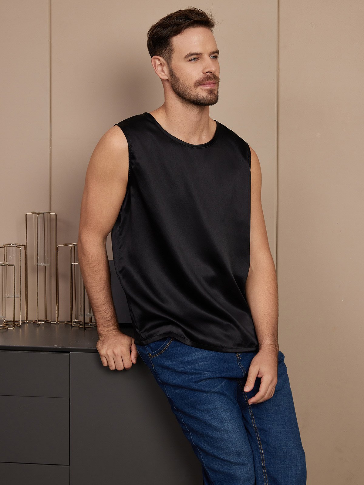 SilkSilky FR Pure Soie Sans manches Mens T Shirt Noir 004