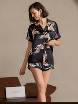 [Noir] SilkSilky-FR Short Sleeve Lapel Collar Femme Pyjamas 001