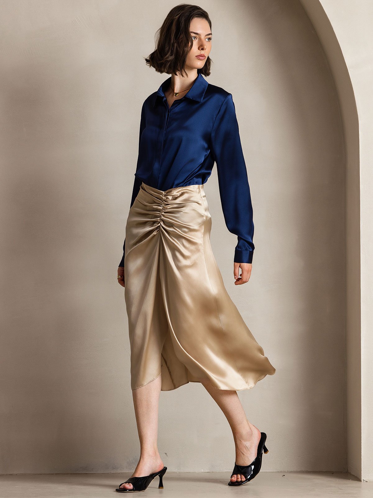 [Bleu Foncé] SilkSilky-FR 19Momme Soie Manches longues Col Chemise Femme Chemise 006