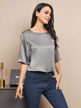 [Gris Foncé] SilkSilky-FR Manches mi-longues Encolure Dégagée Femme T-Shirt 001