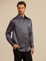 [Gris Foncé] SilkSilky-FR 19Momme Manches longues Col à Revers Homme Chemise 005