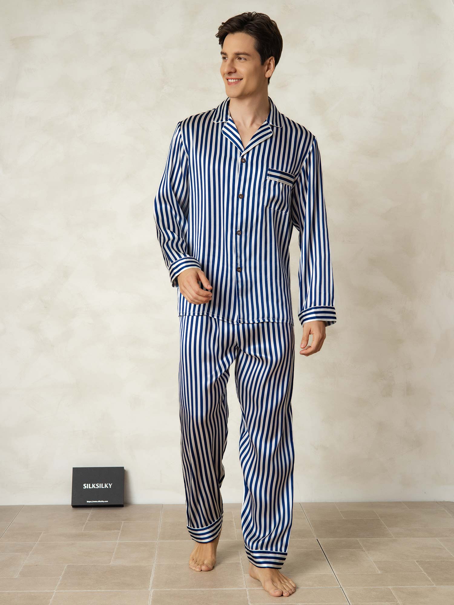 [Rayure Marine] SilkSilky-FR 19Momme Pure Soie Mens Pajamas 001
