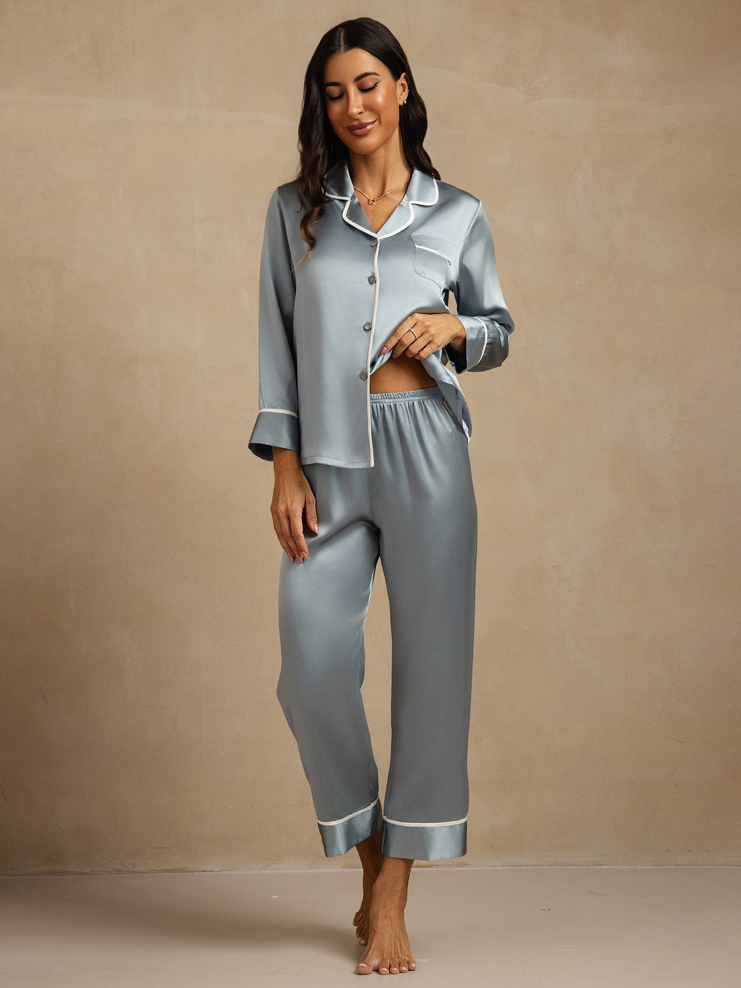 [BleuGrisâtre] SilkSilky-FR Soie Col Chemise Femme Pyjamas 001