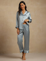 [Bleu Grisâtre] SilkSilky-FR Manches longues Col Cranté Femme Pyjamas 001