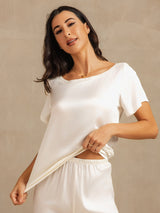 [Blanc] SilkSilky-FR 19Momme Manches courtes Femme Pyjamas 008