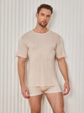 SilkSilky-FR Soie Tricotée Manches courtes Col Rond Homme T-Shirt Beige 004