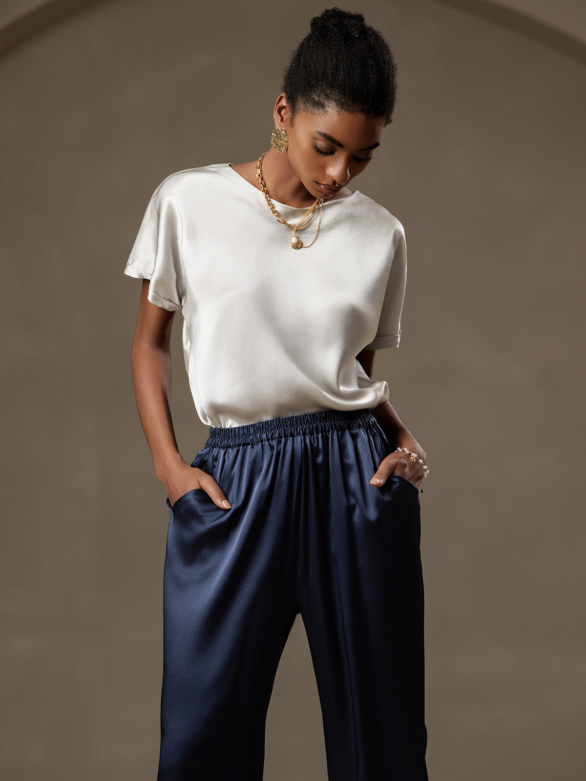 [Gris Clair] SilkSilky-FR 19Momme Soie Col Rond Femme T-Shirt 005