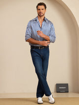 [Rayure Marine] SilkSilky-FR 19Momme Manches longues Col à Revers Homme Chemise 008