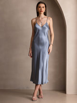 [Bleu Grisâtre] SilkSilky-FR Sleeveless V Neck Robes 005
