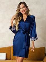 [Bleu Foncé] SilkSilky-FR 3/4 Sleeve Femme Peignoir 001