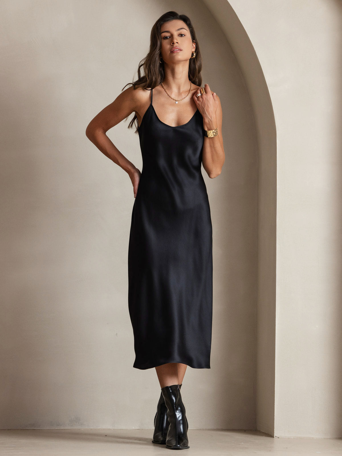 [Noir] SilkSilky-FR Pure Soie Col Rond Robes 004