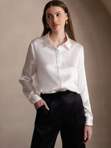 [Blanc] SilkSilky-FR 19Momme Manches longues Col à Revers Femme Chemise 005