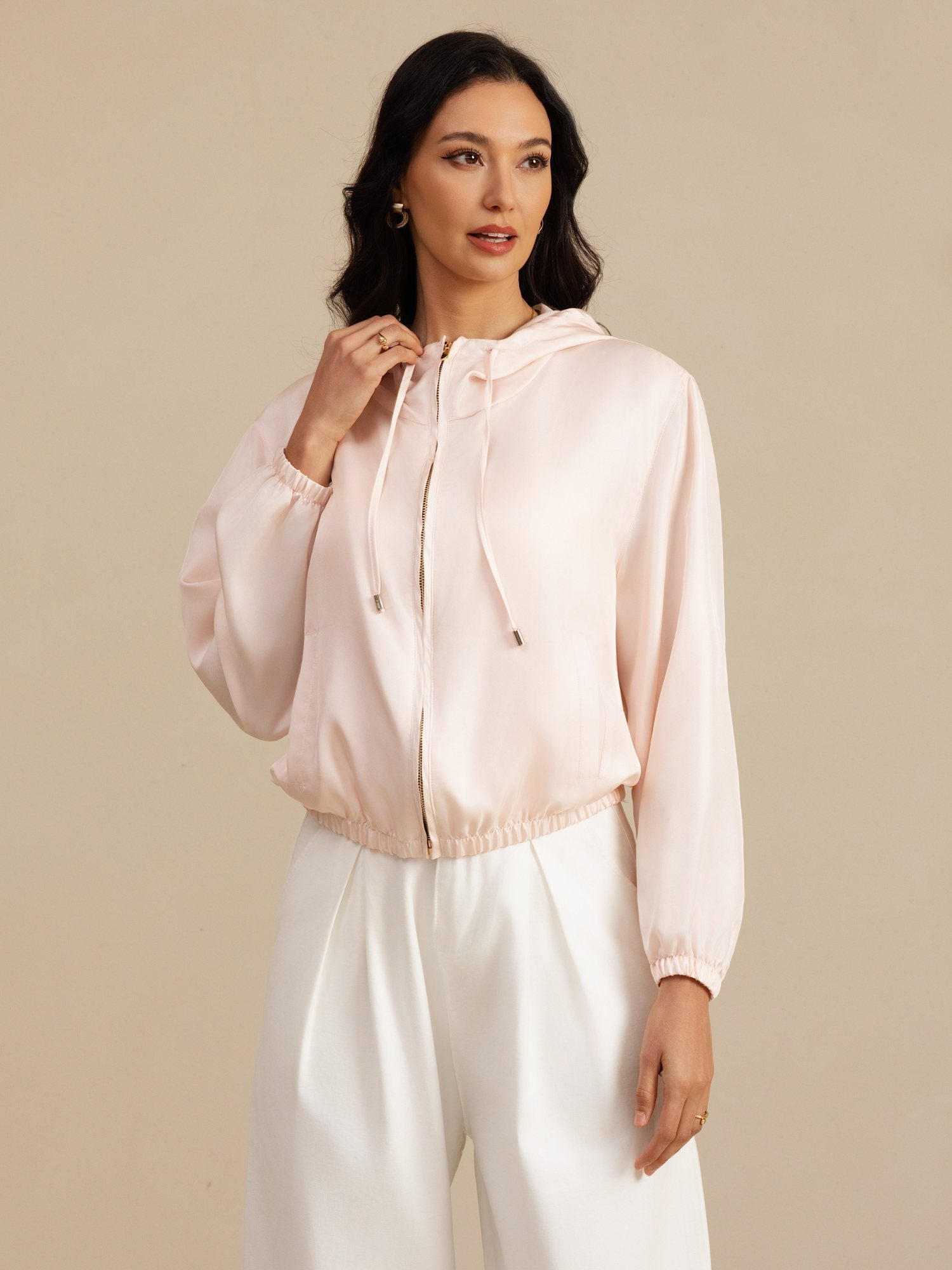 [Rose] SilkSilky-FR 18Momme Manches longues Col Montant Femme Manteaux 004