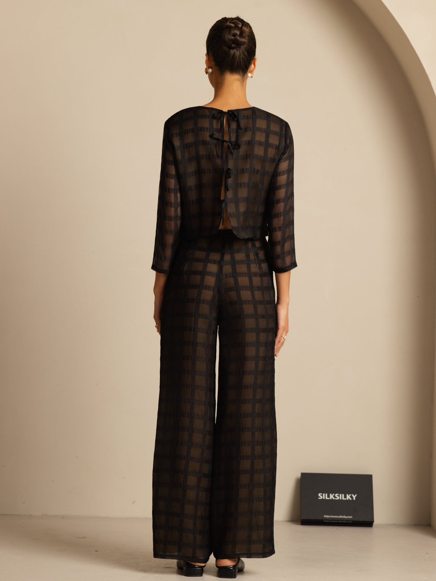 [Noir] SilkSilky-FR Soie Manches longues Col Rond Women''s Outfit Sets 002