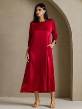 [Rouge Vineux] SilkSilky-FR 3/4 Sleeve Round Neck Robes 001