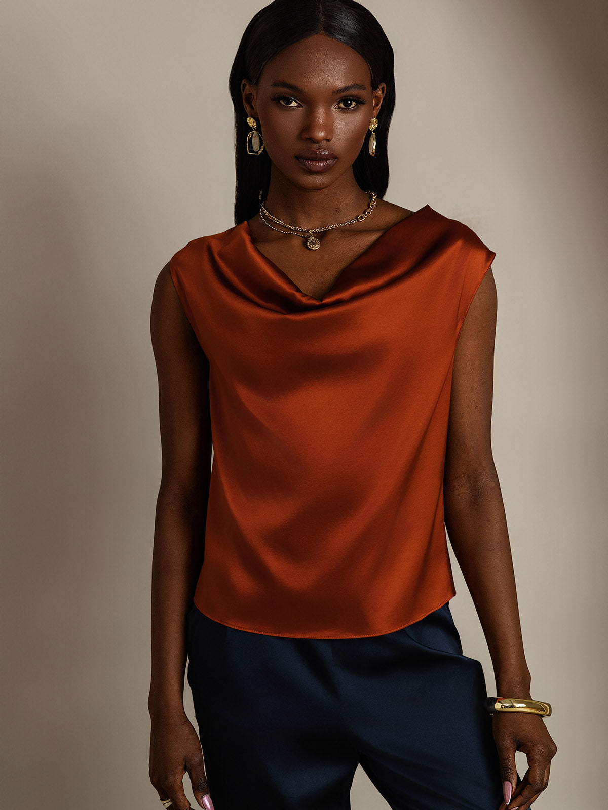 [Caramel] SilkSilky-FR 19Momme Soie Sans manches Col Bénitier Femme T-Shirt 003