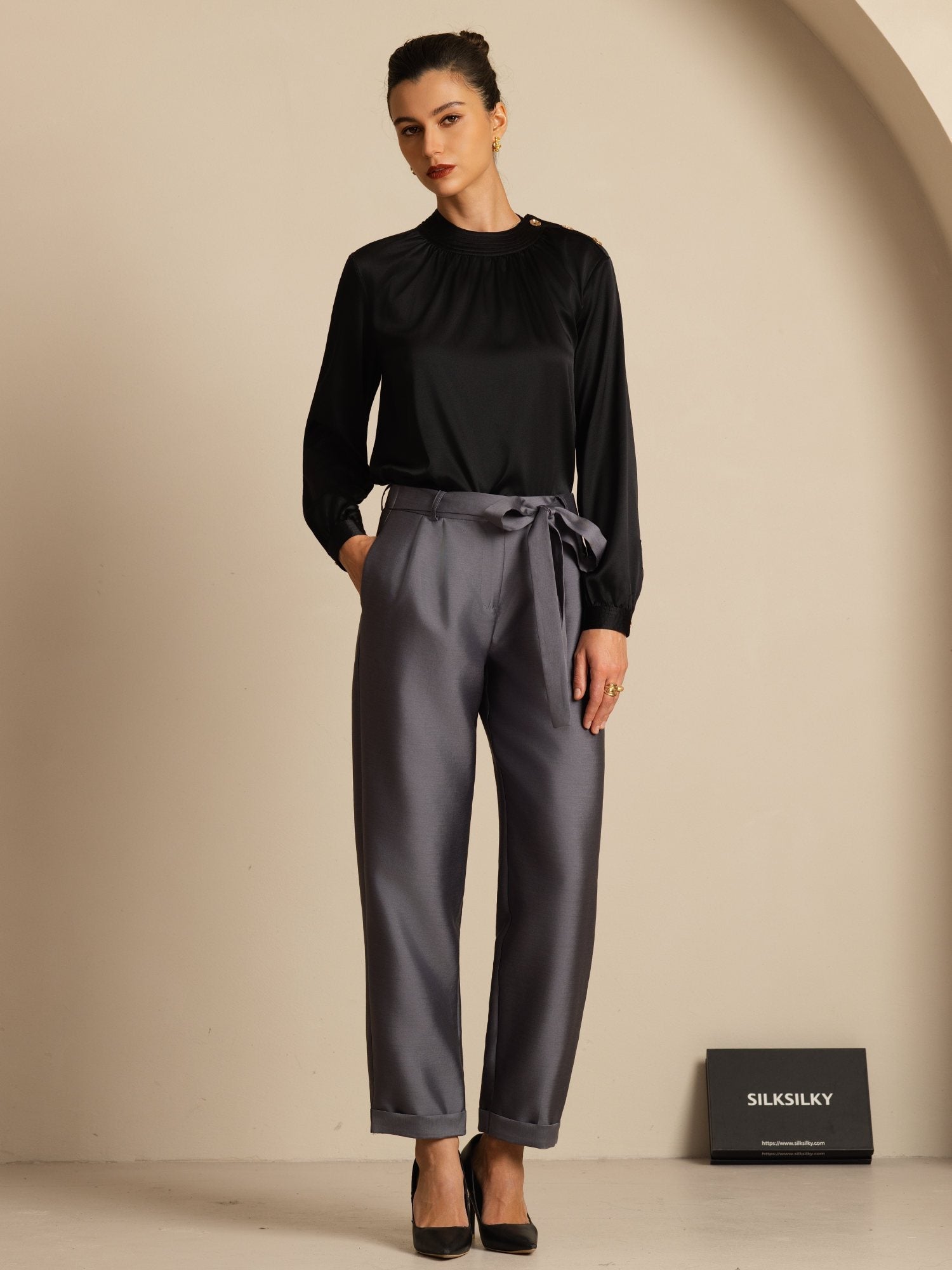 [Noir] SilkSilky-FR 19Momme Soie Manches longues Col Rond Blouse 006