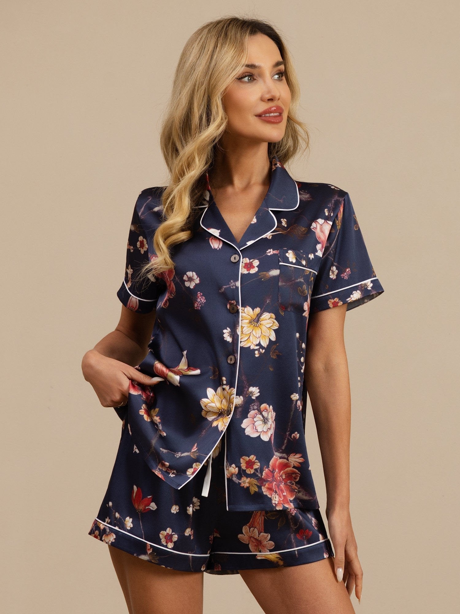 [Floral Marine] SilkSilky-FR Manches courtes Col Cranté Femme Pyjamas 006
