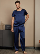 [Bleu Foncé] SilkSilky-FR Pure Soie Manches courtes Col Rond Homme Pyjamas 001