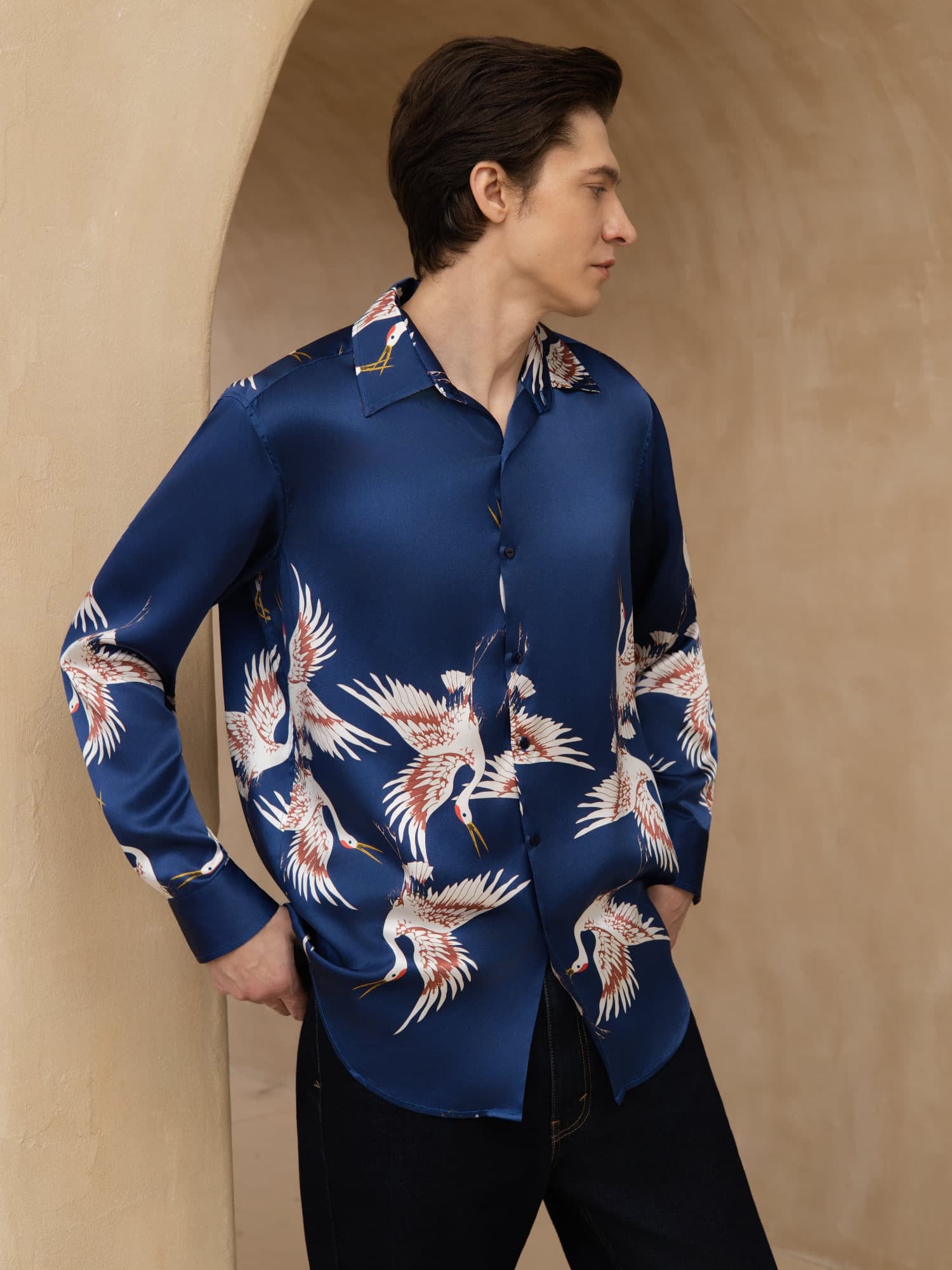 [Bleu Foncé] SilkSilky-FR 19Momme Manches longues Col à Revers Homme Chemise 001
