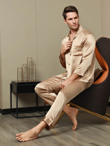 [Champagne] SilkSilky-FR Pure Soie Manches longues Revers Homme Pyjamas 007