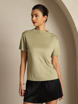 [Herbe Sèche] SilkSilky-FR 100% Silk Jersey Short Sleeve Mock Neck Femme T-Shirt 001