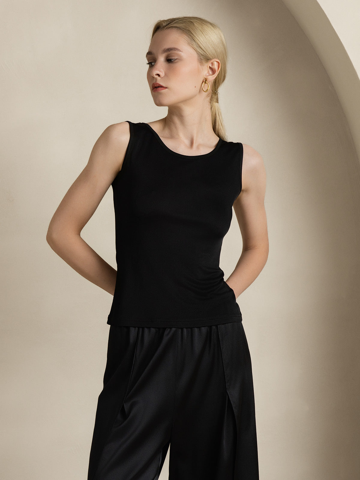 [Noir] SilkSilky-FR Soie Tricotée Col Rond Femme T-Shirt 006