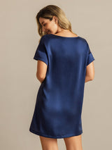 [Bleu Foncé] SilkSilky-FR 19Momme Manches courtes Col Rond Chemises de nuit 002