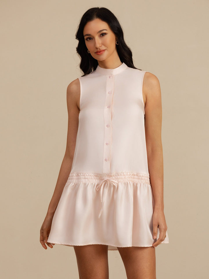 Robe Courte Soie Col Montant Cordon