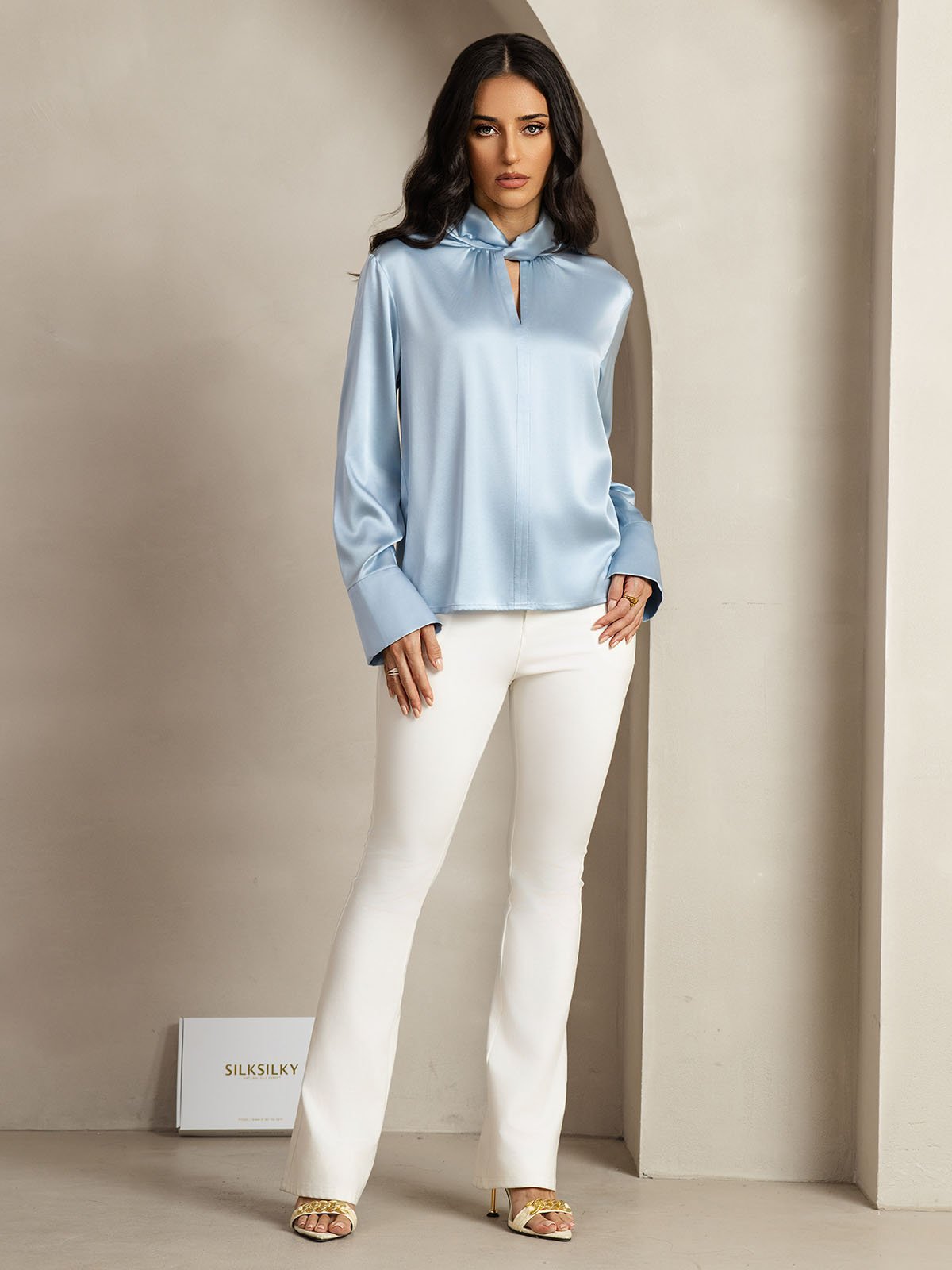 [BleuGrisâtre] SilkSilky-FR 19Momme Soie Womens Shirt 011
