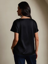 [Noir] SilkSilky-FR Short Sleeve Boat Neck Femme T-Shirt 002