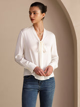 [Blanc] SilkSilky-FR Long Sleeve Tie Neck Blouse 005