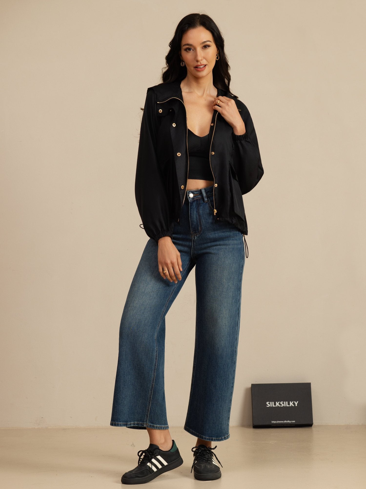 [Noir] SilkSilky-FR Manches longues Col Haut Femme Manteaux 007